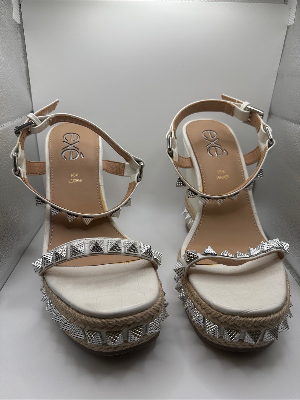 Exé Beige Wedge Sandals with Silver Details